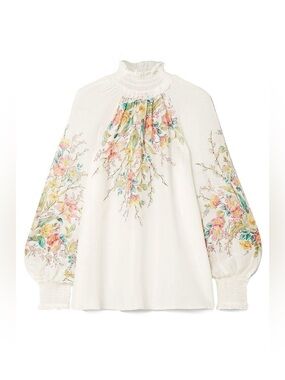 Zimmermann White Floral Embroidered High-Neck Blouse Sz US 6